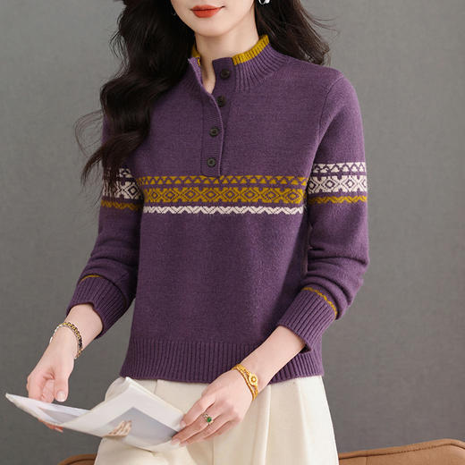 CC秋冬新款半高领多纽扣针织衫女保暖撞色条纹毛衣洋气百搭打底衫 商品图0