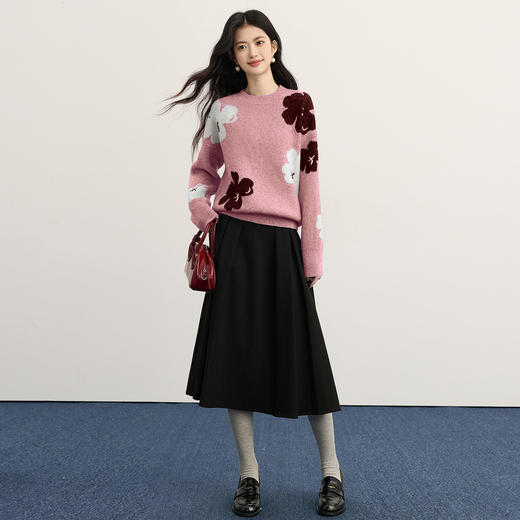 【年终特卖】熙世界含羊毛万花绒毛衣女套头2025冬季新款气质提花灰色厚针织衫 商品图1