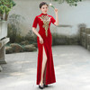 复古中式改良旗袍裙红色立领半袖高开叉长款旗袍礼服国风走秀款 商品缩略图2