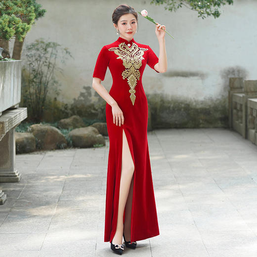 复古中式改良旗袍裙红色立领半袖高开叉长款旗袍礼服国风走秀款 商品图2