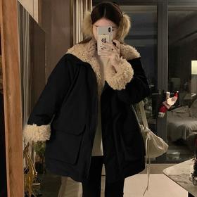 赵露思同款派克服冲锋衣女中长款羊羔绒加绒加厚拼接棉服外套