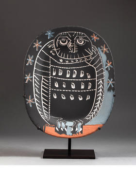 【已售】独角鹿西洋古董1955年代西班牙出品限量装饰陶盘「Hibou mat 猫头鹰」