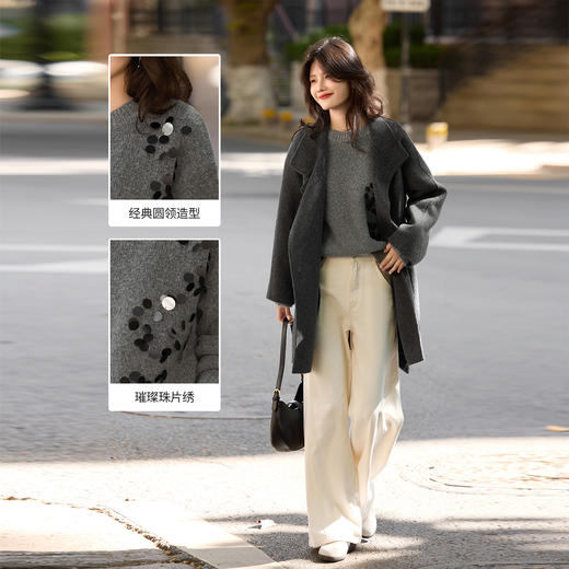 【11/26新品】熙世界「璀璨珠片绣」灰色圆领毛衣女宽松慵懒秋冬气质套头针织衫 商品图2