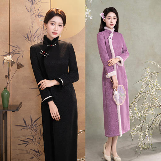 GX针织提花加绒改良新中式年轻少女款长款旗袍2025冬季新款日常旗袍 商品图0