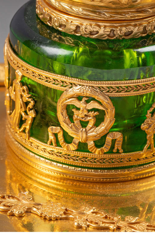 【已售】独角鹿西洋古董19世纪末法国出品帝政风格铜鎏金精雕镶嵌绿水晶墨水台 商品图3