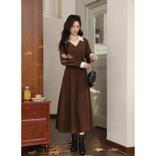 鹿向南「鎏光柏林」假两件咖色复古衬衫连衣裙女秋设计感法式长裙 商品图1