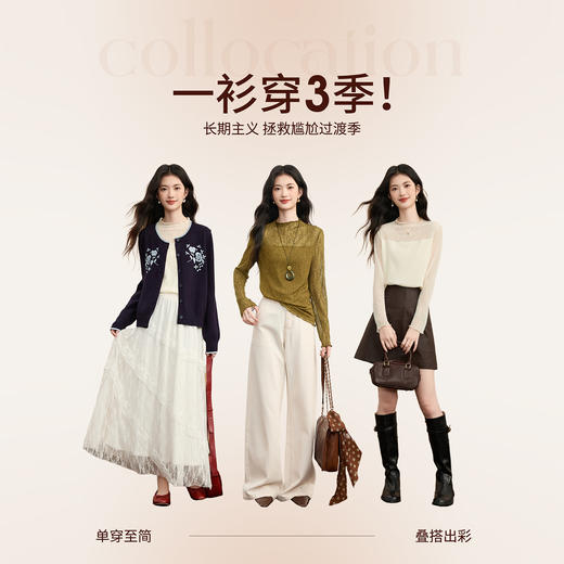 【周末秒杀】熙世界微透立体花纹蕾丝打底衫女2025年秋冬新款长袖修身内搭上衣 商品图2