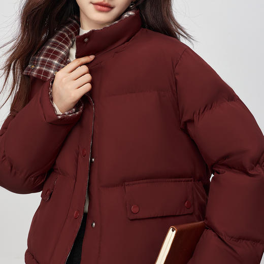 【年货节】熙世界酒红色面包羽绒棉服女2025冬季新款设计感格纹棉袄短款外套 商品图4