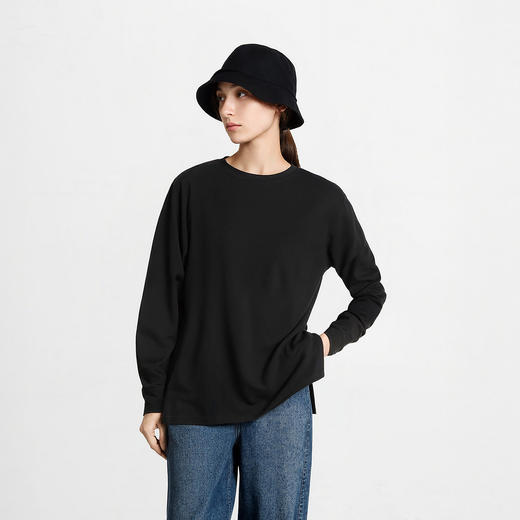 森马长袖T恤女中长款宽松发热纯色插肩袖2025冬新款抓毛开叉上衣 商品图2