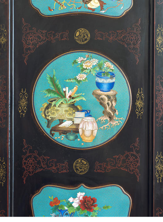【已售】独角鹿西洋古董20世纪中国创汇时期出品漆木描金彩绘嵌掐丝珐琅清供博古图六曲屏风 商品图5
