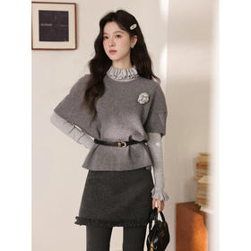 鹿向南「伯克利学姐」慵懒感灰色短袖针织毛衣女秋季宽松叠穿上衣