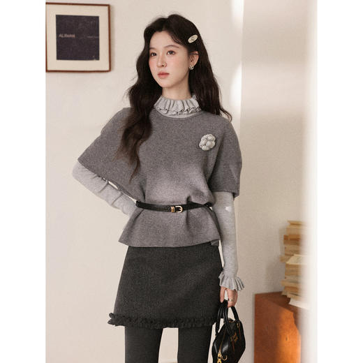 鹿向南「伯克利学姐」慵懒感灰色短袖针织毛衣女秋季宽松叠穿上衣 商品图0