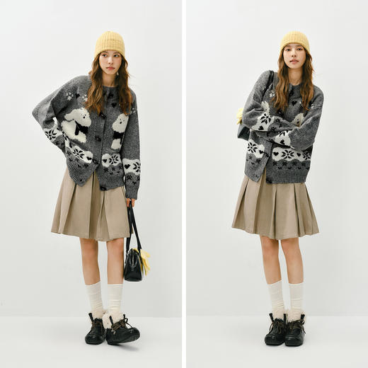 森马针织开衫女冬半高领小狗提花牛角扣毛衫宽松2025新款可爱上衣 商品图4