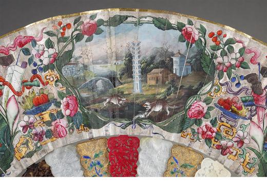 【已售】独角鹿西洋古董清代晚期十三行出品珍贵材质混合扇骨双面绘贴面人物纹折扇 商品图2