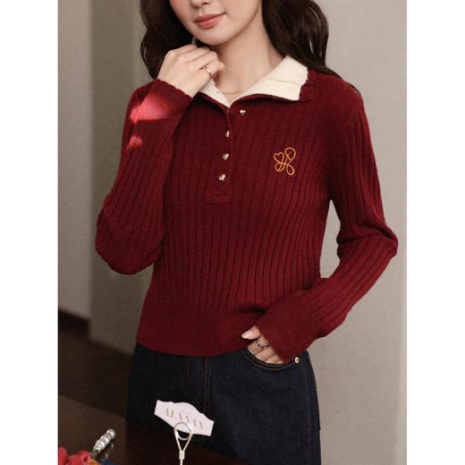 鹿向南「剪花映雪」红色翻领内搭针织打底衫女2025秋冬季修身长袖 商品图1