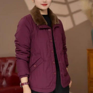 秋冬新款加绒翻领棉服妈妈纯色简约短款外套女装 商品图3