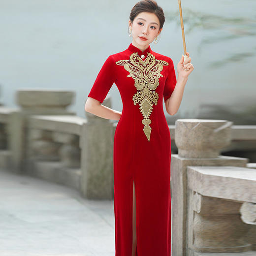 复古中式改良旗袍裙红色立领半袖高开叉长款旗袍礼服国风走秀款 商品图3