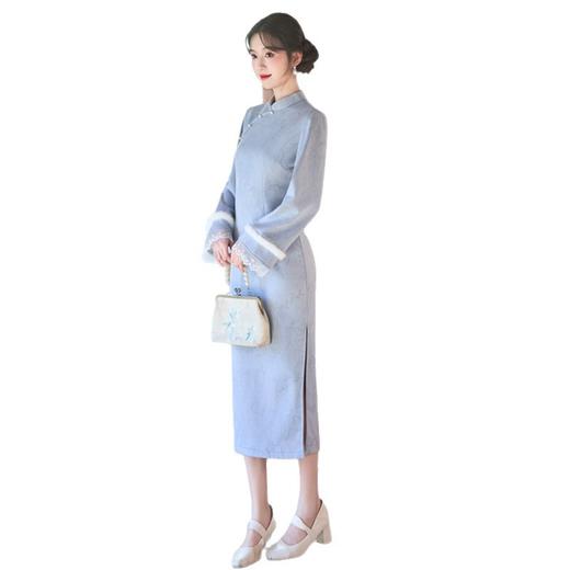 GX麂皮绒加绒长款倒大袖旗袍2025冬季新款时尚改良年轻少女日常旗袍 商品图4