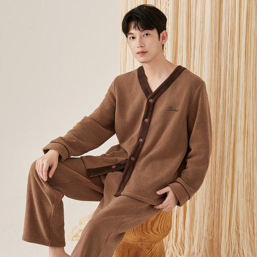 3部顶瓜瓜杨梅绒开襟V领男长袖家居服套装DJJMD-ARW27337 商品图4