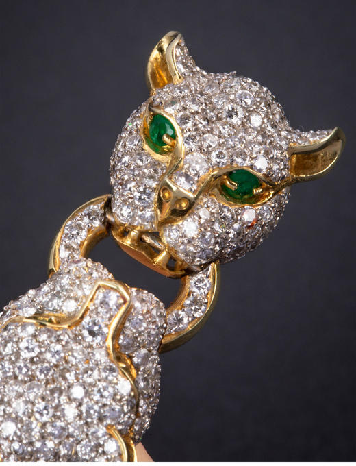 独角鹿西洋古董2000年代意大利出品「豹头」造型18K黄金镶嵌钻石多串式珍珠项链 商品图5