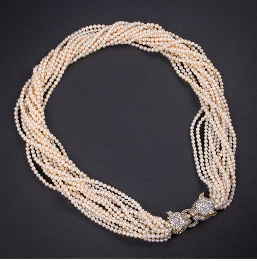 独角鹿西洋古董2000年代意大利出品「豹头」造型18K黄金镶嵌钻石多串式珍珠项链 商品图1