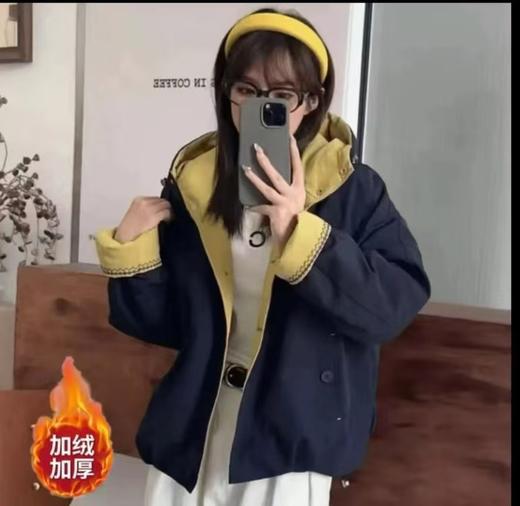 2025冬季新款撞色连帽加绒加厚棉服外套女短款宽松时尚休闲派克服 商品图5