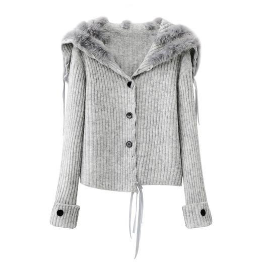 D112521新款现货慵懒重工织带编织狐狸毛大翻领针织开衫外套 商品图1