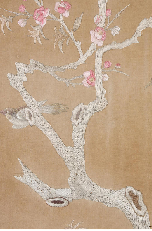 独角鹿西洋古董19世纪中国出品「桃花双绶」主题苏绣挂屏一对 商品图8