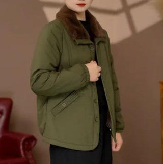 秋冬新款加绒翻领棉服妈妈纯色简约短款外套女装 商品图2