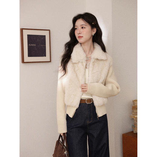 鹿向南「甘泉润沙」杏色拼接设计感短外套女秋冬新款翻领保暖上衣 商品图1