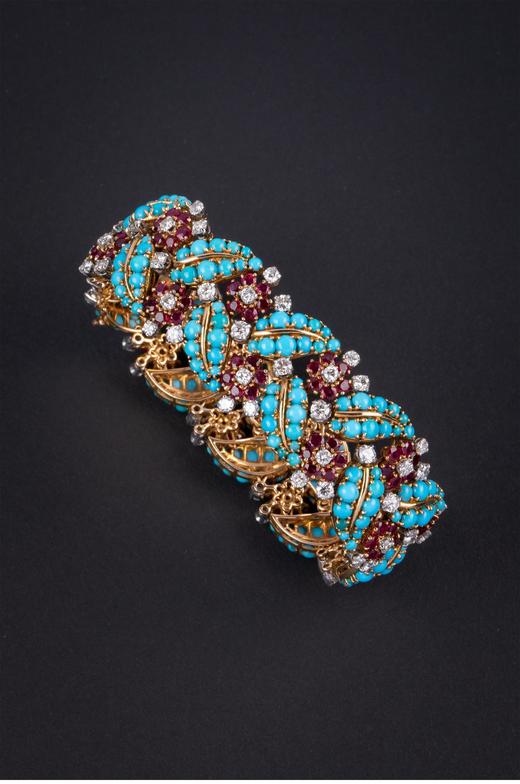 独角鹿西洋古董1960年代法国出品「花叶」造型18K黄金铂金镶嵌绿松石钻石及红宝石手镯 商品图1