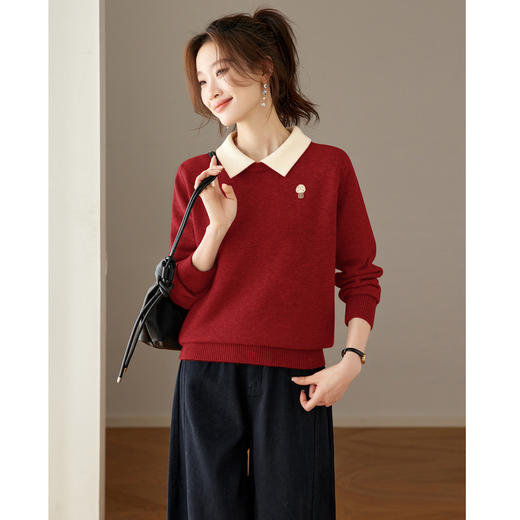 CC学院风翻领撞色毛衣女秋冬宽松减龄慵懒风娃娃领针织衫打底上衣厚 商品图3