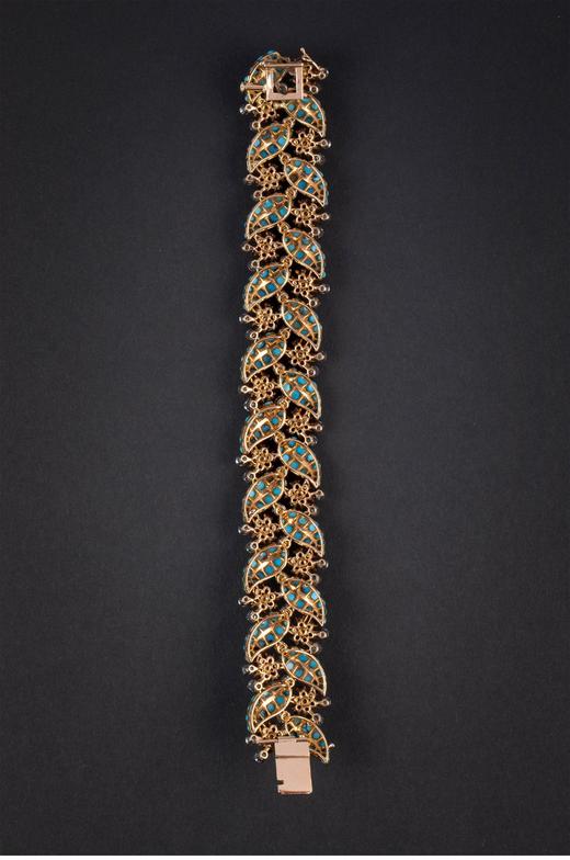 独角鹿西洋古董1960年代法国出品「花叶」造型18K黄金铂金镶嵌绿松石钻石及红宝石手镯 商品图5