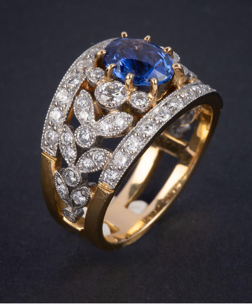 独角鹿西洋古董20世纪晚期法国出品18K黄金镶嵌钻石及蓝宝石戒指 商品图2