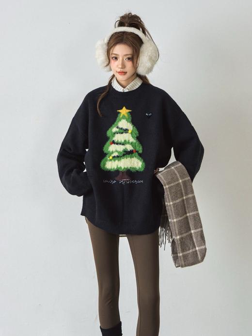 D112572圣诞树图案宽松oversize圆领毛衣针织衫 商品图2