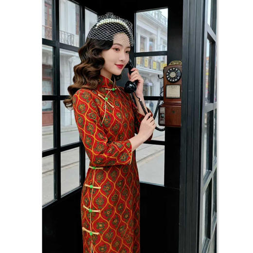 SKY 361847中式金貂绒加绒长款复古中国风格子旗袍 商品图3