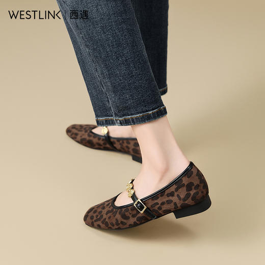 【限时秒杀】西遇复古玛丽珍鞋女新款秋季法式金币绒面豹纹平底鞋软底单鞋V1656909 商品图3