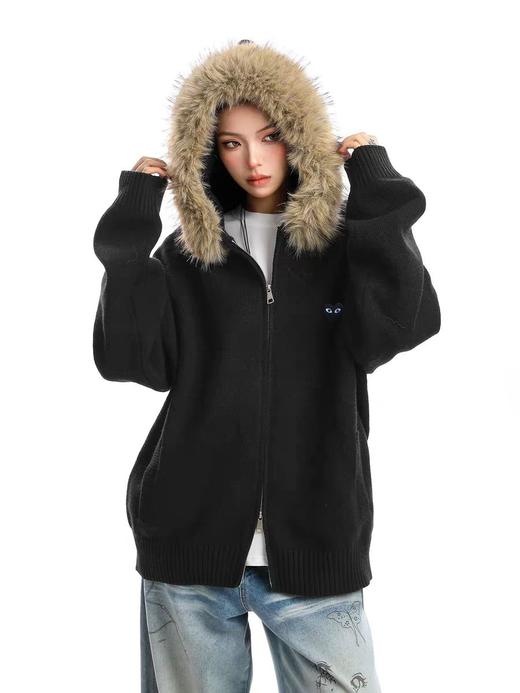 D112560慵懒随性时尚保暖灰色针织连帽外套 商品图6