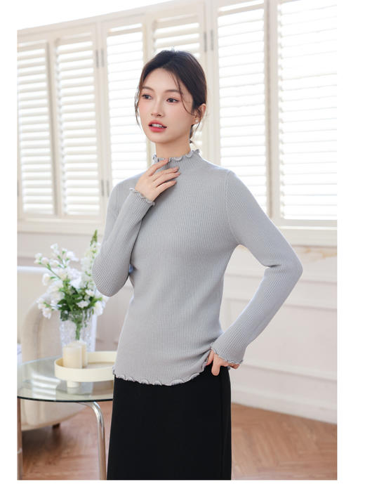 【西蒙日记&半高领木耳花边一体绒针织打底衫JYF6005】✔️弹力修身不紧身，贴身穿很舒服✔️版型很正，🔥木耳花边领+修身设计，小性感拿捏住 商品图1