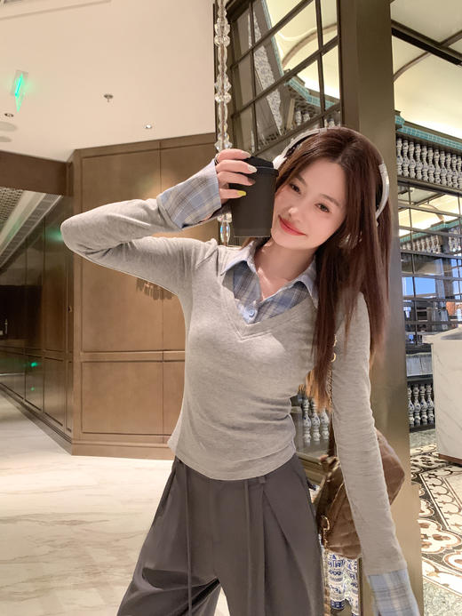 <曾小咸推荐> 现货秒杀！微信超特价！灰色格子翻领t恤假两件 日常159.99 立减90 秒杀69.99！ 商品图7