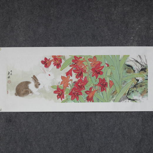 卓愿《萱草花兔子》35x103CM 手绘纸本宣纸国画作品 商品图6