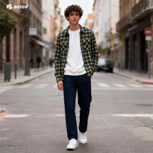 波顿男士秋冬季长袖黄蓝色格子衬衫加厚羊羔绒底保暖衬衣外套MS612122 商品图1