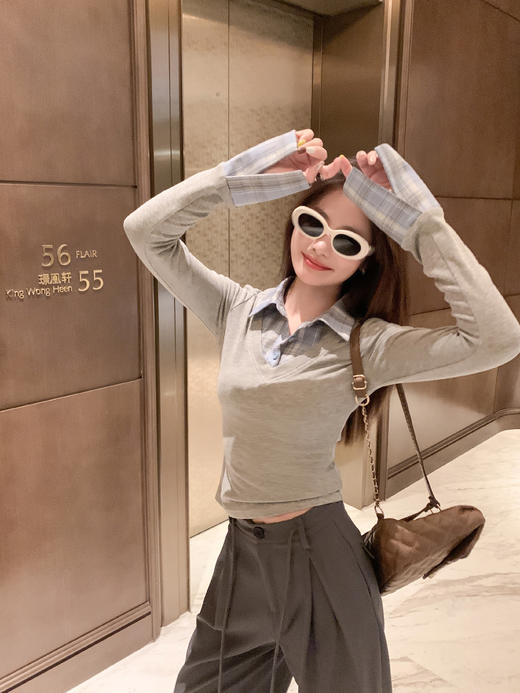 <曾小咸推荐> 现货秒杀！微信超特价！灰色格子翻领t恤假两件 日常159.99 立减90 秒杀69.99！ 商品图9