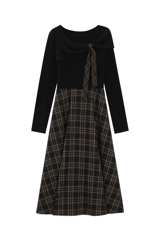 鹿向南「温柔岛屿」不规则黑色t恤格纹半身裙女秋收腰假两件长裙 商品图2