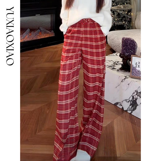 余潇潇【圣诞格调】时尚舒适垂顺烫钻格纹高腰宽松阔腿休闲裤配腰带 商品图0