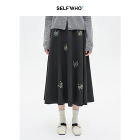 SELFWHO绵羊毛混纺绿绒蒿花刺绣半身裙女2026春新款A字伞裙