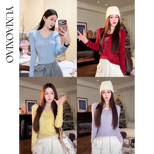 余潇潇【玫瑰物语】桑蚕丝绵羊毛混纺玫瑰花烫钻大圆领打底毛衫 商品图0