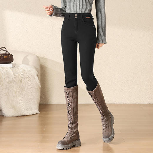 显瘦黑色加绒牛仔小脚裤，高腰弹力紧身打底裤长款铅笔裤MYX-OZY-25325-L 商品图2