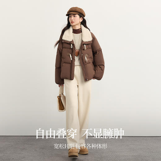 【年货节】熙世界复古咖色巴恩风棉袄外套女冬季毛绒翻领短款牛角扣棉服棉衣 商品图2