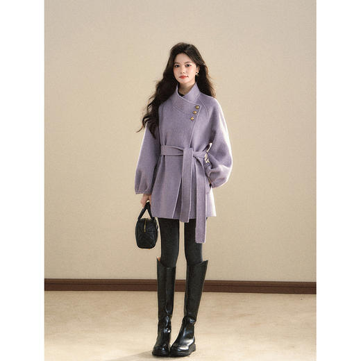 鹿向南「薰衣草」紫色双面毛呢外套女冬装高级洋气加厚中长款外套 商品图1